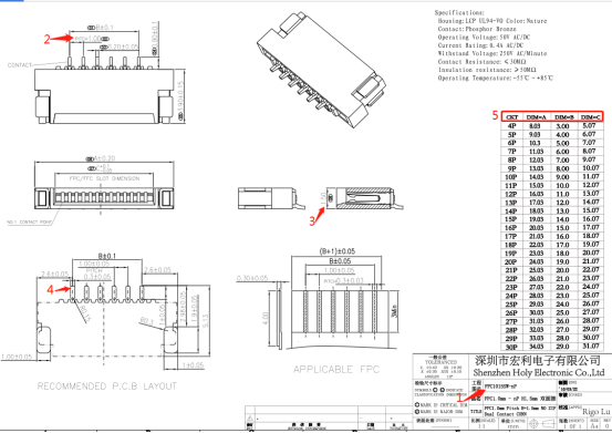 fpc1mm連接器規(guī)格書之接插件雙面接臥式貼片[宏利]