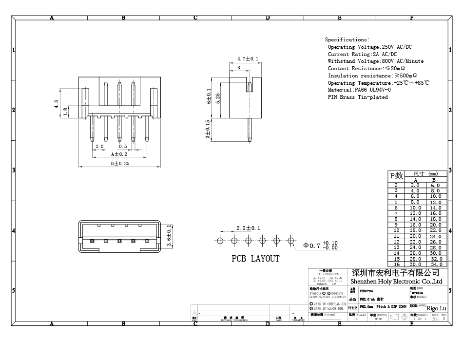 PH2.0接插件連接器 膠殼+直針座+端子 2P/3/4/5/6/7/8/9/10/11/12,宏利