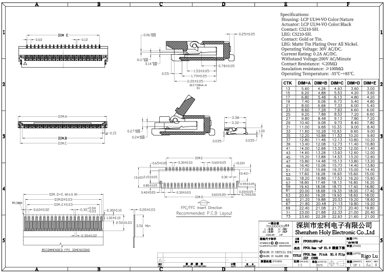 fpc連接器0.3mm間距H1.0厚翻蓋下接 封裝規(guī)格書圖紙 型號(hào)尺寸圖 在線下載